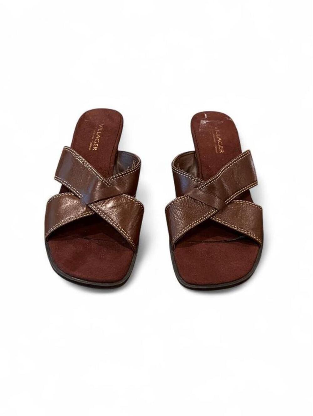 Y2K Brown Leather Heeled Slide Sandals Size 8